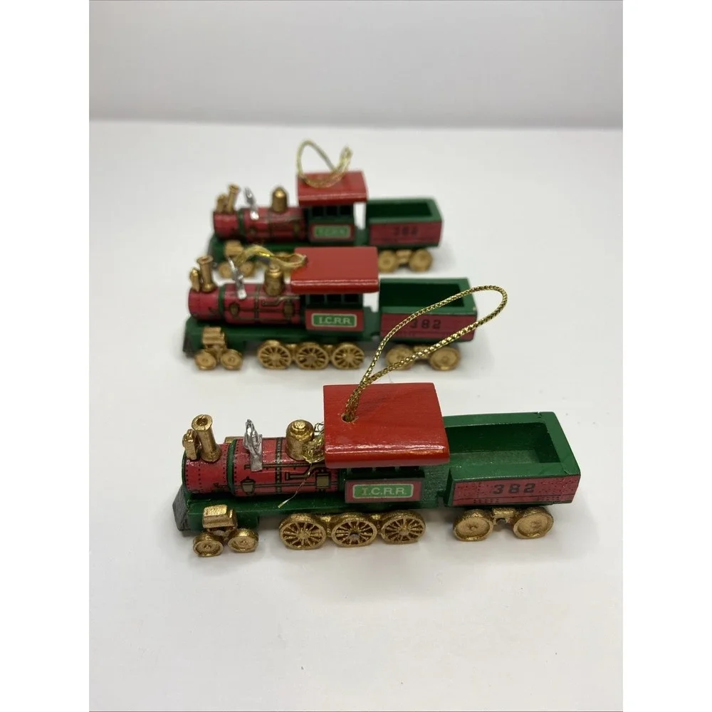 Vintage Wooden Train Christmas Ornaments Set of 3‎ ICRR 382 Steam Engine